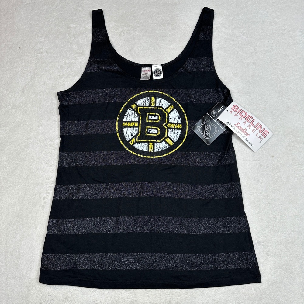 Sideline Apparel Boston Bruins NHL Tank Top‎ Black Glitter Stripe Women's Large